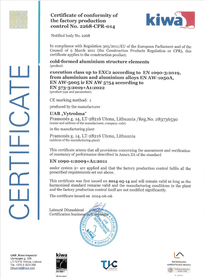 Quality Certificate UAB Vytrolma